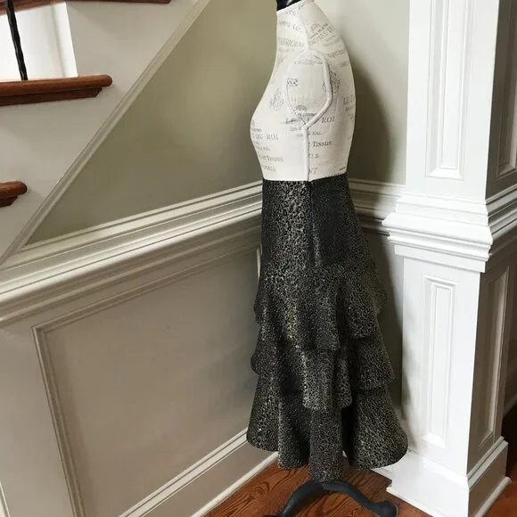 Charlotte Brody Cascade Ruffle Midi Skirt Womens 8 Black Gold High Rise Tiered